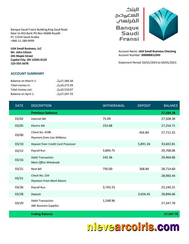 Banque Saudi Fransi company checking account statement